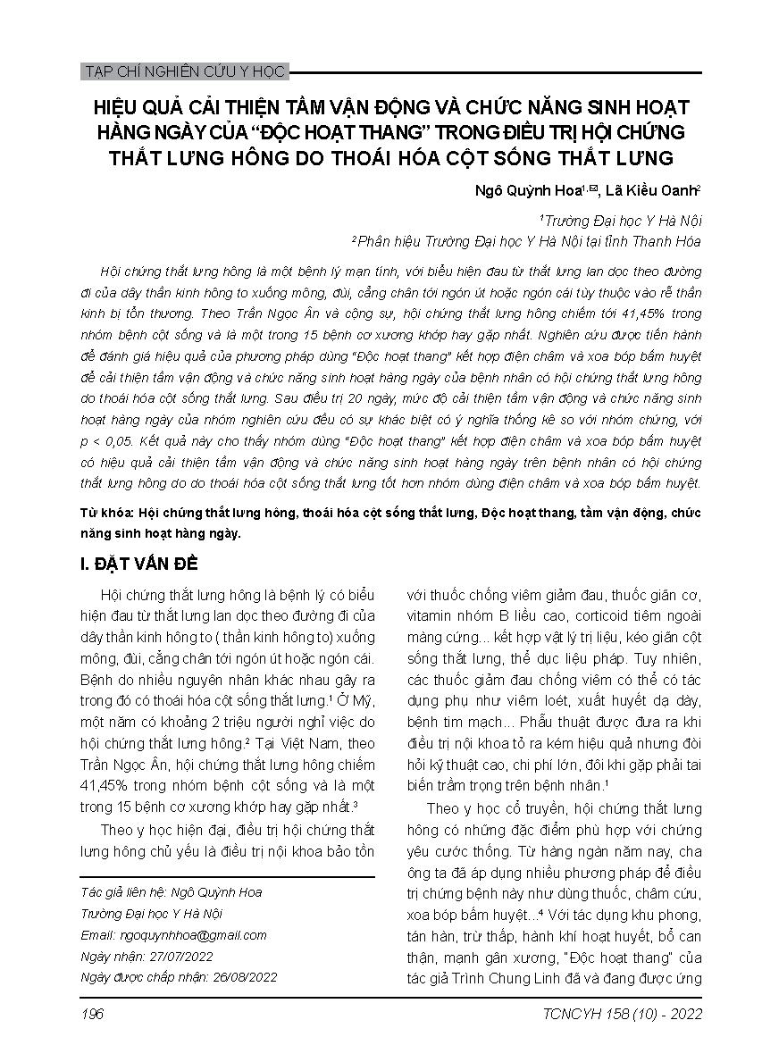 Hiệu quả cải thiện tầm vận động và chức năng sinh hoạt hàng ngày của “độc hoạt thang” trong điều trị hội chứng thắt lưng hông do thoái hóa cột sống thắt lưng