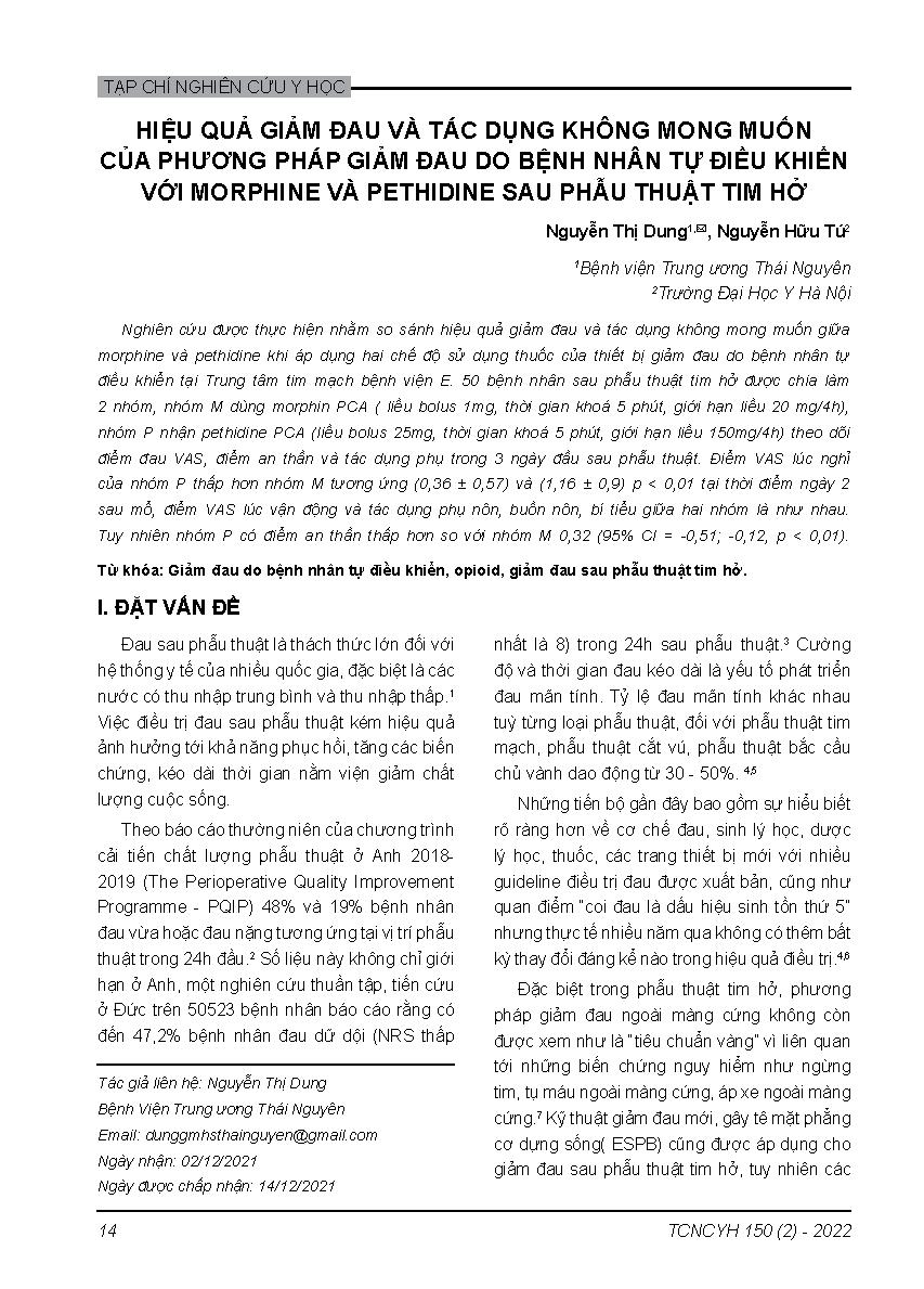 Hiệu quả giảm đau và tác dụng không mong muốn của phương pháp giảm đau do bệnh nhân tự điều khiển với morphine và pethidine sau phẫu thuật tim hở