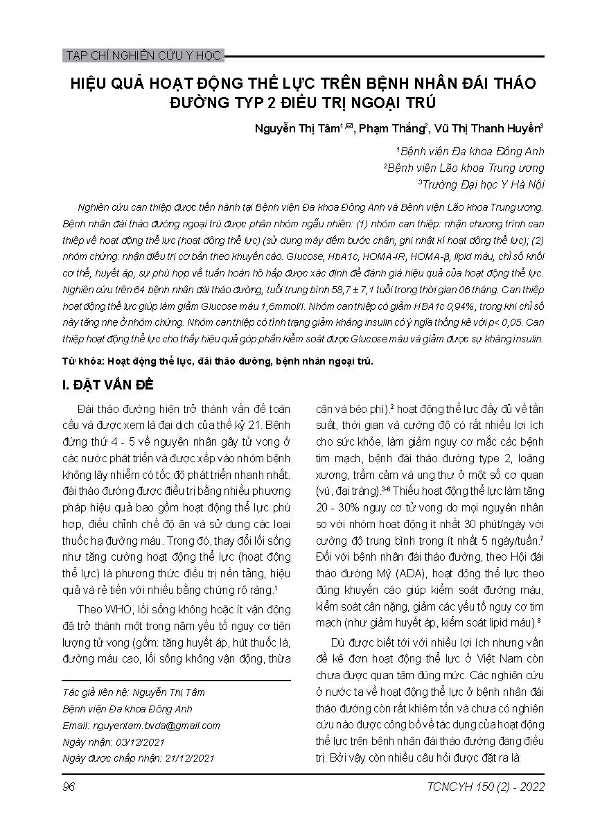 Hiệu quả hoạt động thể lực trên bệnh nhân đái tháo đường typ 2 điều trị ngoại trú