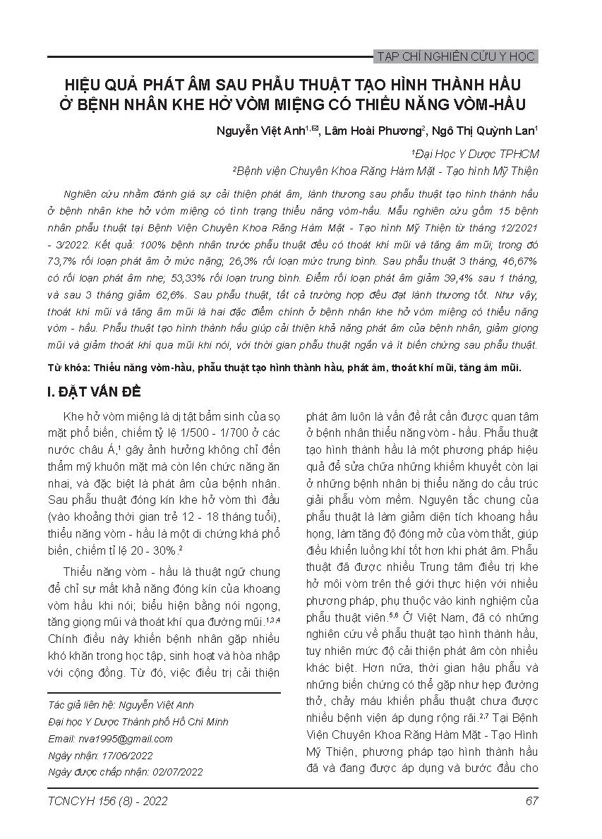 Hiệu quả phát âm sau phẫu thuật tạo hình thành hầu ở bệnh nhân khe hở vòm miệng có thiểu năng vòm-hầu = Speech outcomes after pharyngoplasty surgery in cleft palate patients with velopharyngeal insufficiency