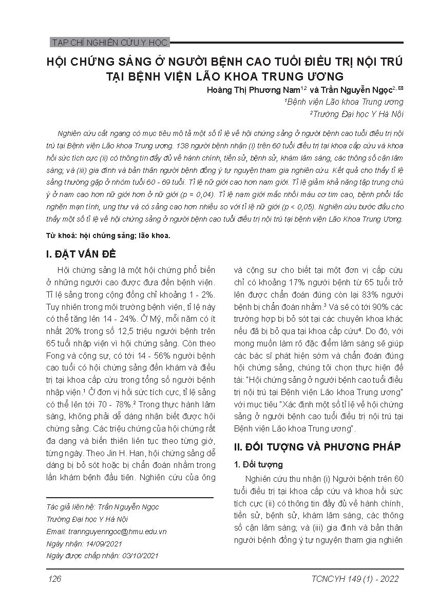 Hội chứng sảng ở người bệnh cao tuổi điều trị nội trú tại Bệnh viện Lão khoa Trung ương = Clinical features of delirium in elderly adults treated at the national geriatric hospital