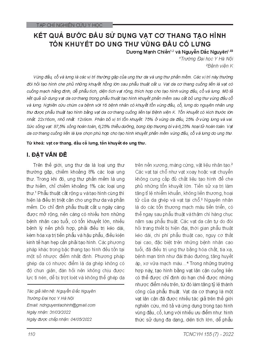 Kết quả bước đầu sử dụng vạt cơ thang tạo hình tổn khuyết do ung thư vùng đầu cổ lưng = Trapezius myocutaneous flap for head, neck, back defects caused by cancer: application and results