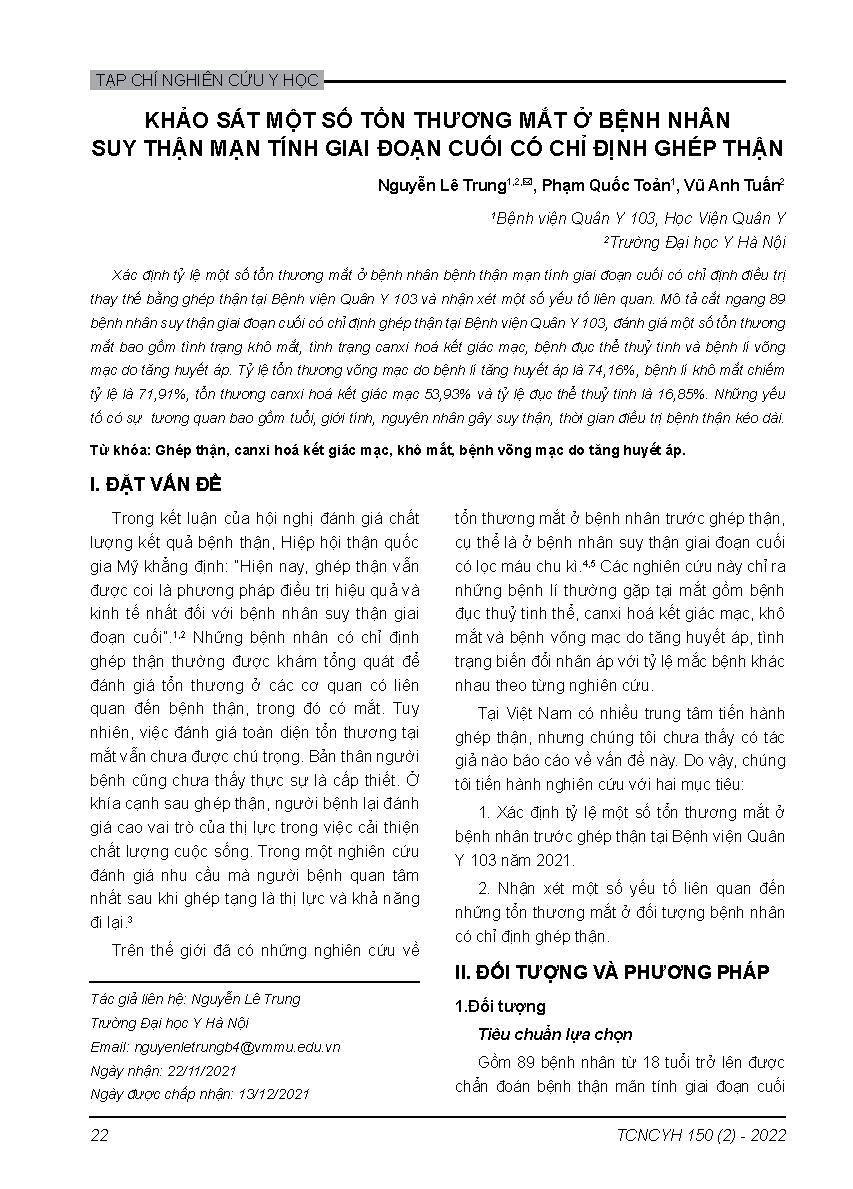 Khảo sát một số tổn thương mắt ở bệnh nhân suy thận mạn tính giai đoạn cuối có chỉ định ghép thận