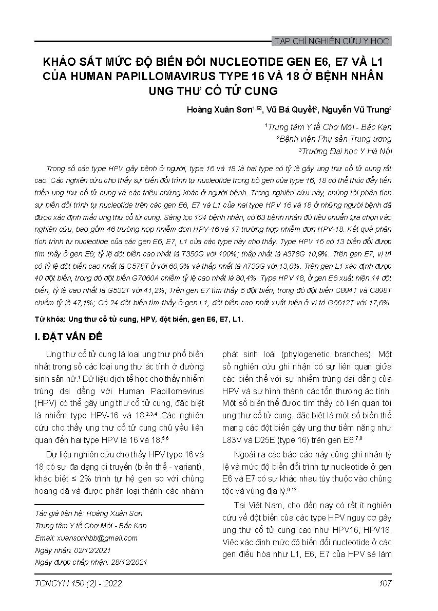 Khảo sát mức độ biến đổi nucleotide gen E6, E7 và L1 của Human papillomavirus type 16 và 18 ở bệnh nhân ung thư cổ tử cung