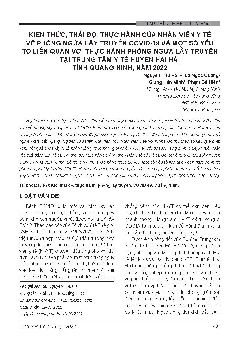 Kiến thức, thái độ, thực hành của nhân viên y tế về phòng ngừa lây truyền Covid-19 và một số yếu tố liên quan với thực hành phòng ngừa lây truyền tại trung tâm y tế huyện Hải Hà, tỉnh Quảng Ninh, năm 2022 = Knowledge, attitudes, and practices of medical s