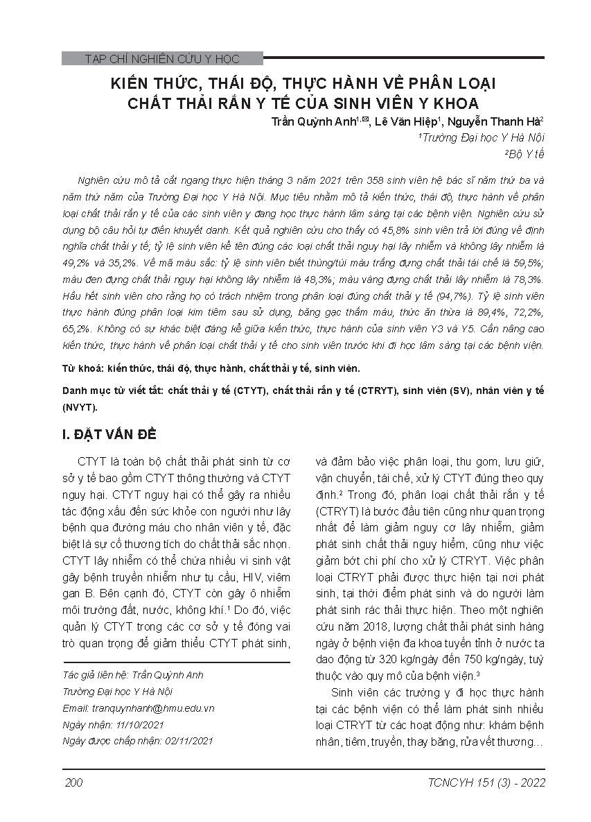 Kiến thức, thái độ, thực hành về phân loại chất thải rắn y tế của sinh viên y khoa