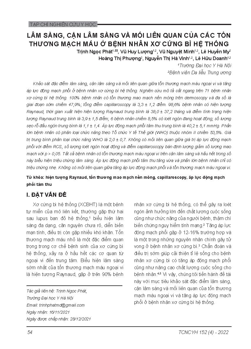 Lâm sàng, cận lâm sàng và mối liên quan của các tổn thương mạch máu ở bệnh nhân xơ cứng bì hệ thống = Clinical, subclinical features and correlation of vascular diseases in patients with systemic sclerosis