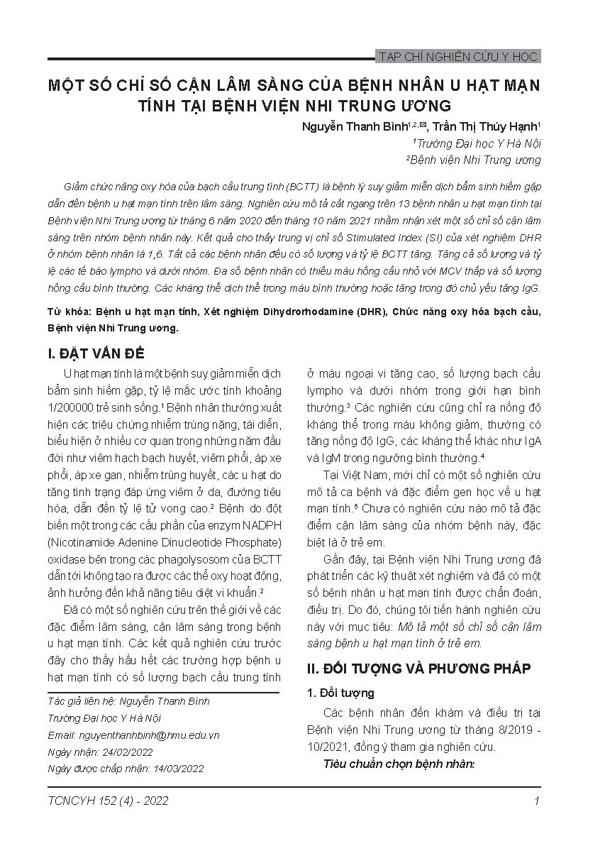 Một số chỉ số cận lâm sàng của bệnh nhân u hạt mạn tính tại Bệnh viện Nhi Trung ương = Laboratory characteristics of chronic granulomatous disease patients in vietnam national children’s hospital