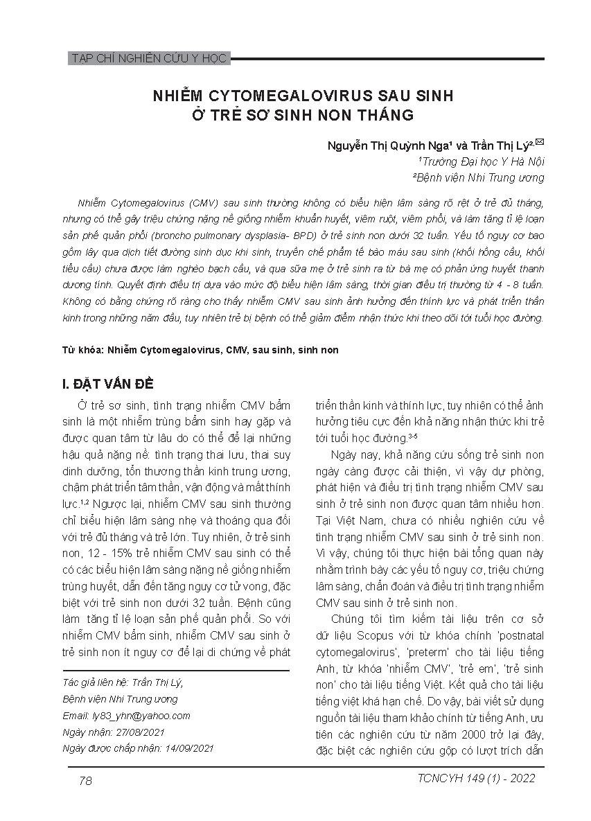 Nhiễm cytomegalovirus sau sinh ở trẻ sơ sinh non tháng = Posnatal cytomegalovirus infection in preterm infants