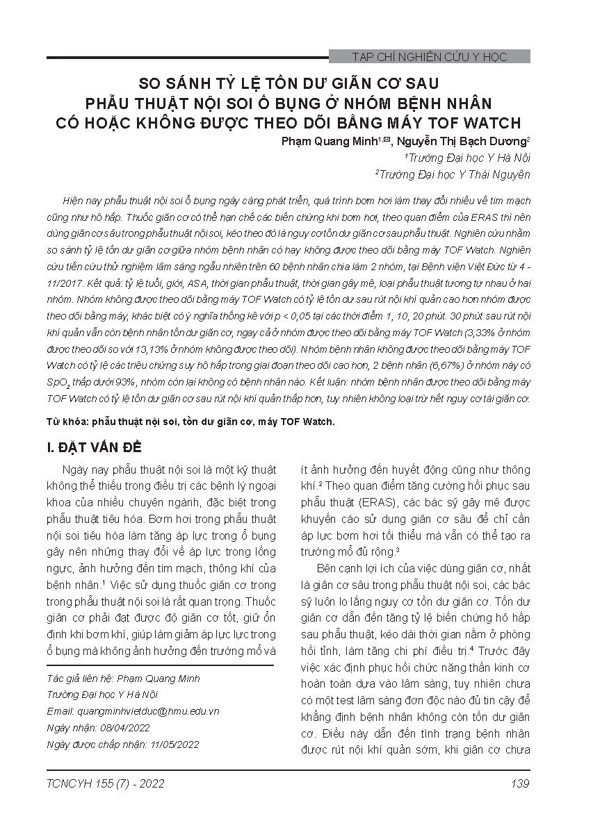 So sánh tỷ lệ tồn dư giãn cơ sau phẫu thuật nội soi ổ bụng ở nhóm bệnh nhân có hoặc không được theo dõi bằng máy TOF Watch = Comparison of residual curarization post laparoscopic surgery in patients with or without follow up by tof watch