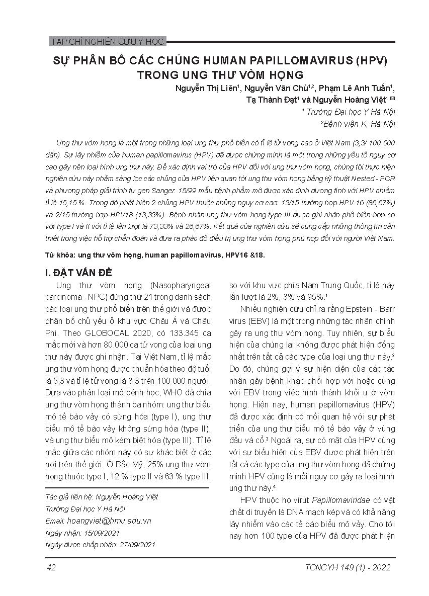 Sự phân bố các chủng Human papillomavirus (HPV) trong ung thư vòm họng = Prevalence of human papillomavirus types in nasopharyngeal carcinoma
