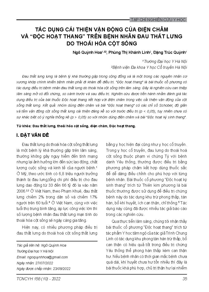 Tác dụng cải thiện vận động của điện châm và “độc hoạt thang” trên bệnh nhân đau thắt lưng do thoái hóa cột sống