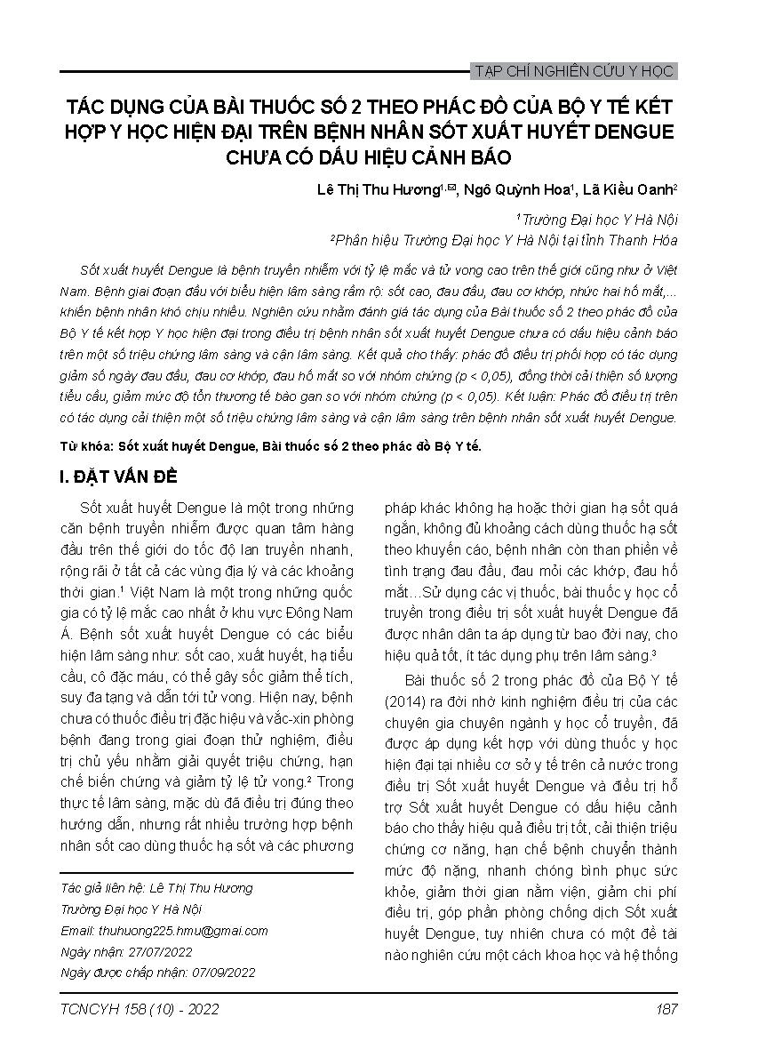 Tác dụng của bài thuốc số 2 theo phác đồ của Bộ y tế kết hợp y học hiện đại trên bệnh nhân sốt xuất huyết dengue chưa có dấu hiệu cảnh báo