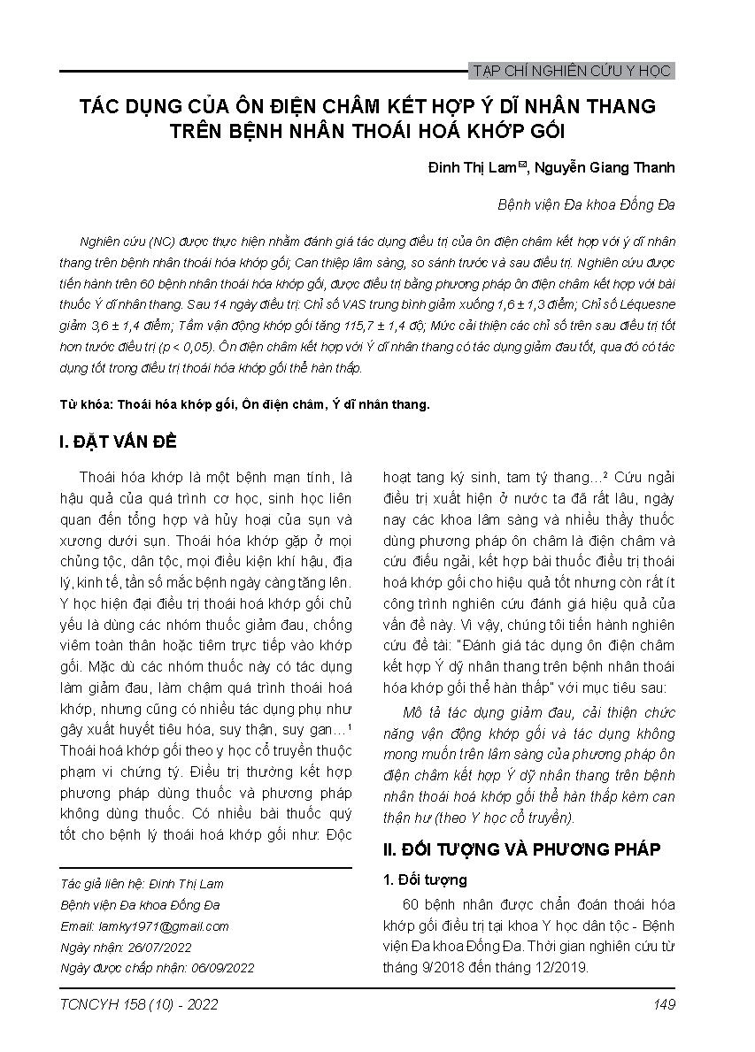 Tác dụng của ôn điện châm kết hợp ý dĩ nhân thang trên bệnh nhân thoái hóa khớp gối