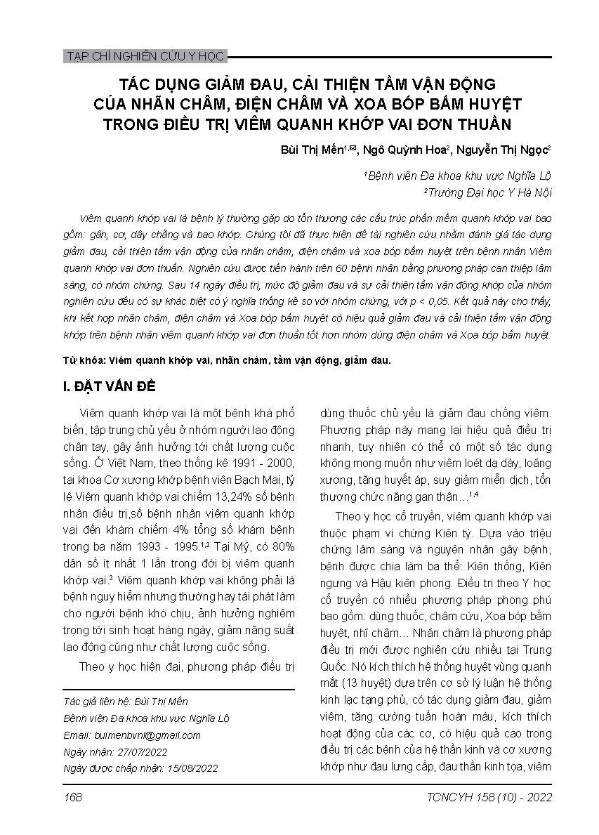 Tác dụng giảm đau, cải thiện tầm vận động của nhãn châm, điện châm và xoa bóp bấm huyệt trong điều trị viêm quanh khớp vai đơn thuần