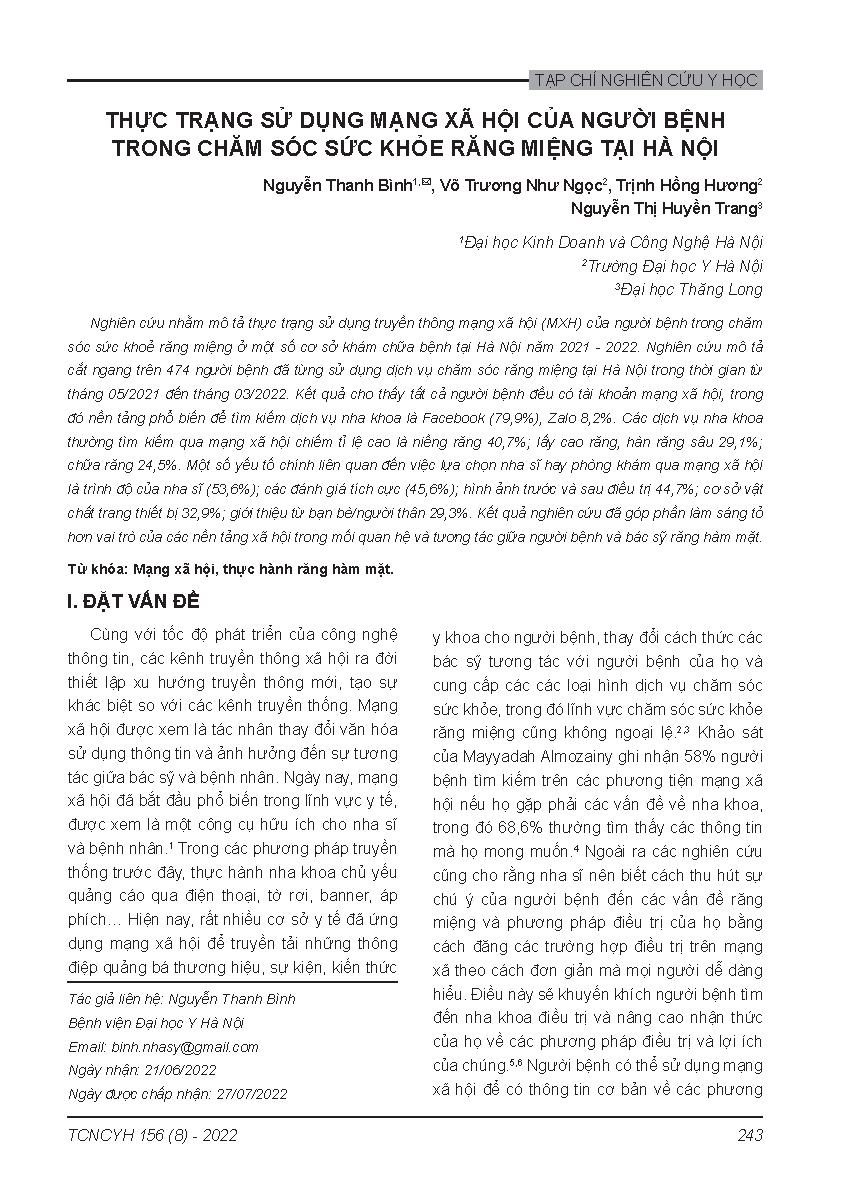 Thực trạng sử dụng mạng xã hội của người bệnh trong chăm sóc sức khỏe răng miệng tại Hà Nội = Social media and dental care in Hanoi