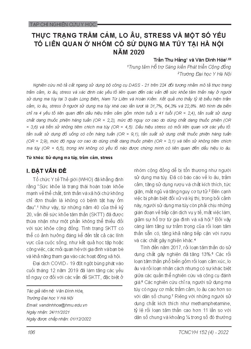 Thực trạng trầm cảm, lo âu, stress và một số yếu tố liên quan ở nhóm có sử dụng ma túy tại Hà Nội năm 2020 = Depression, anxiety, stress and related factors in drug - use population in hanoi, 2020