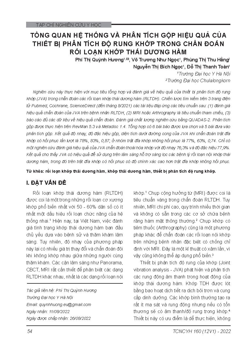 Tổng quan hệ thống và phân tích gộp hiệu quả của thiết bị phân tích độ rung khớp trong chẩn đoán rối loạn khớp thái dương hàm = Diagnostic value of joint vibration analysis for the detection of temporomandibular joint disorder: A systematic review and met