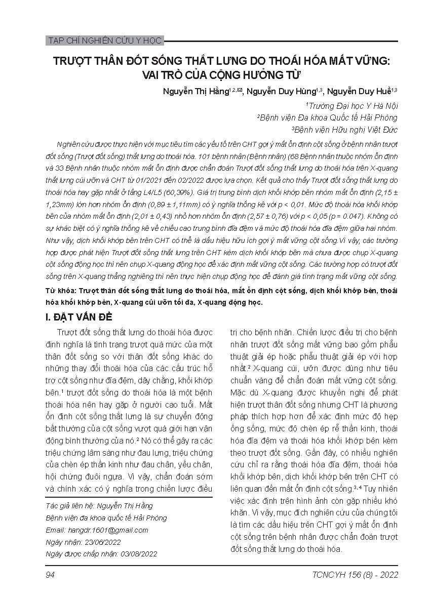 Trượt thân đốt sống thắt lưng do thoái hóa mất vững: Vai trò của cộng hưởng từ = Lumbar spine instability in degenerative spondylolisthesis: The role of magnetic resonance imaging