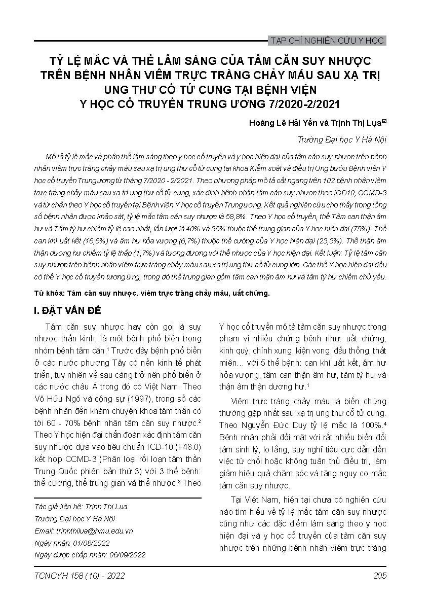 Tỷ lệ mắc và thể lâm sàng của tâm căn suy nhược trên bệnh nhân viêm trực tràng chảy máu sau xạ trị ung thư cổ tử cung tại Bệnh viện Y học Cổ truyền Trung ương 7/2020-2/2021