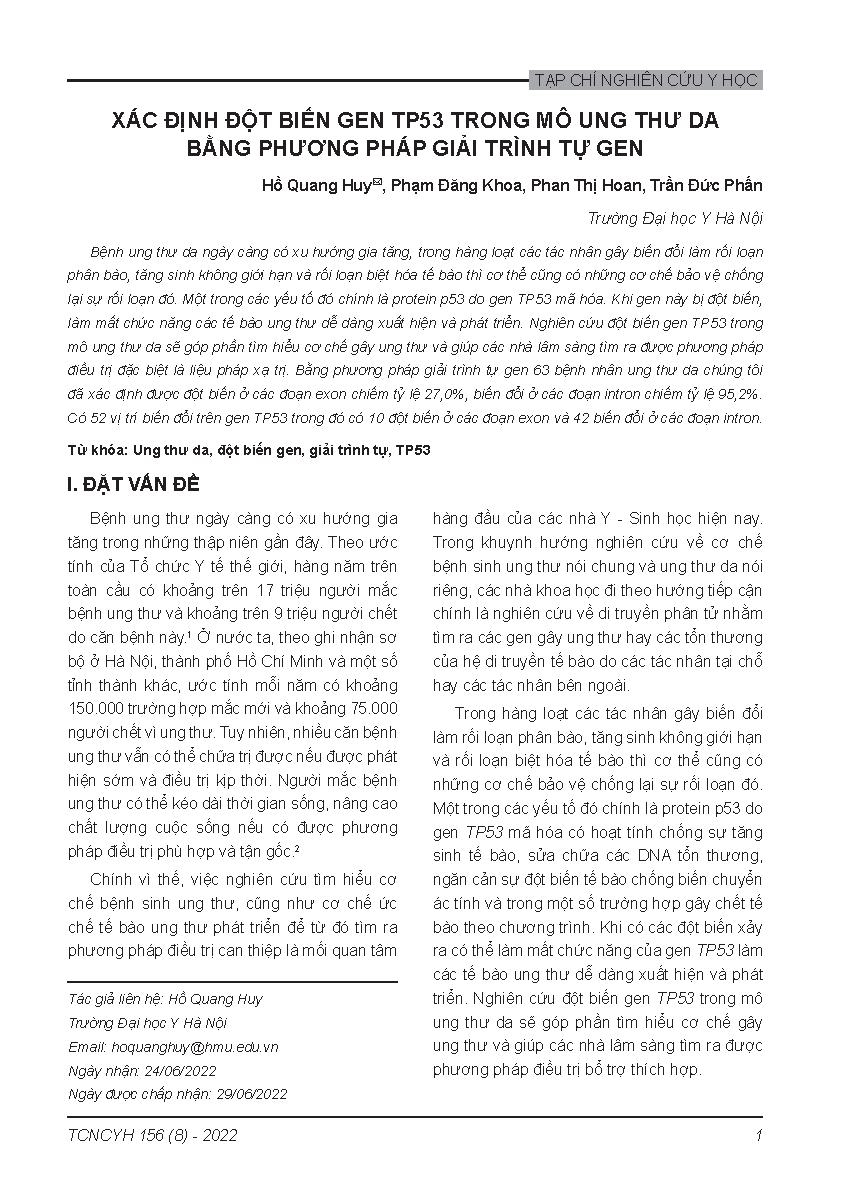 Xác định đột biến gen TP53 trong mô ung thư da bằng phương pháp giải trình tự gen = Mutation TP53 gene identification in different formats of skin cancer using gene sequencing