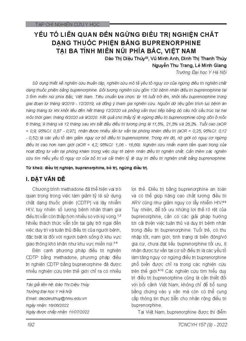 Yếu tố liên quan đến ngừng điều trị nghiện chất dạng thuốc phiện bằng buprenorphine tại ba tỉnh miền núi phía Bắc, Việt Nam