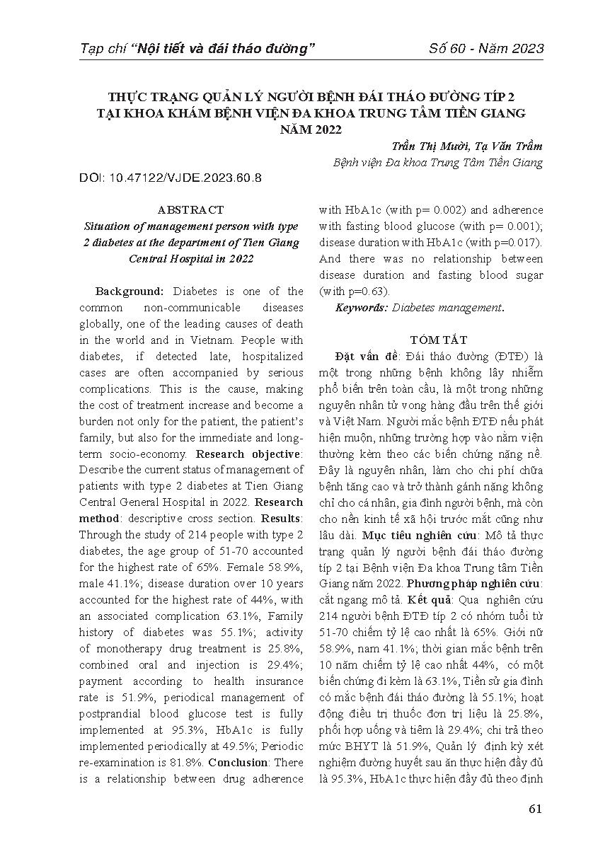 Thực trạng quản lý người bệnh đái tháo đường tuýp 2 tại Khoa Khám Bệnh viện Đa khoa Trung tâm Tiền Giang năm 2022