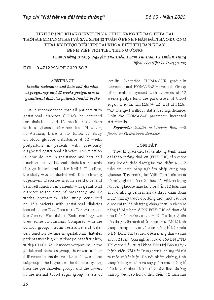 Tình trạng kháng insulin và chức năng tế bào beta tại thời điểm mang thai và sau sinh 12 tuần ở bệnh nhân đái tháo đường thai kỳ được điều trị tại khoa điều trị ban ngày Bệnh viện Nội tiết Trung ương