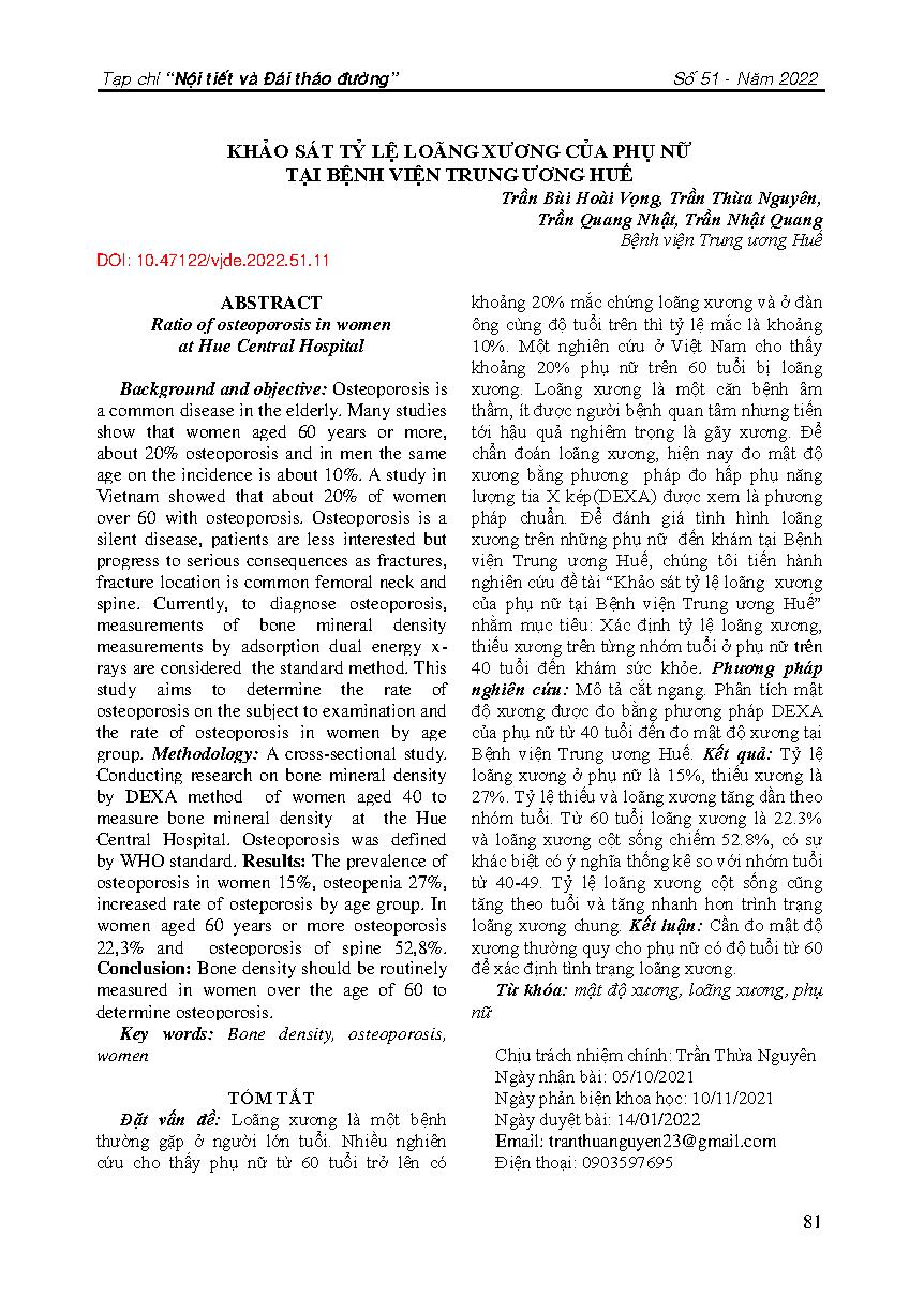 Khảo sát tỷ lệ loãng xương của phụ nữ tại Bệnh viện Trung ương Huế = Ratio of osteoporosis in women at Hue Central Hospital