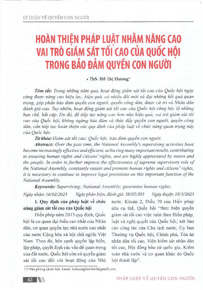 Hoàn thiện pháp luật nhằm nâng cao vai trò giám sát tối cao của Quốc hội trong bảo đảm quyền con người = Completing the law to enhance the supreme supervisory role of the National Assembly in ensuring human rights