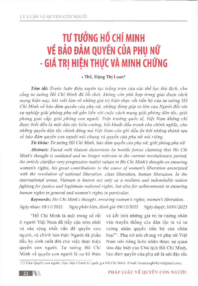 Tư tưởng Hổ Chí Minh vể bảo đảm quyển của phụ nữ - giá trị hiện thực và minh chứng = Ho Chi Minh's thought on ensuring women's rights - real value and evidence