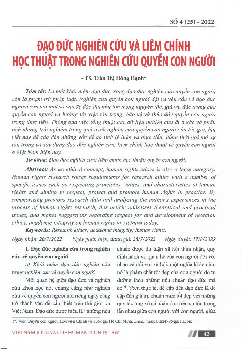 Đạo đức nghiên cứu và liêm chính học thuật trong nghiên cứu quyền con người = Research ethics and academic integrity in human rights research