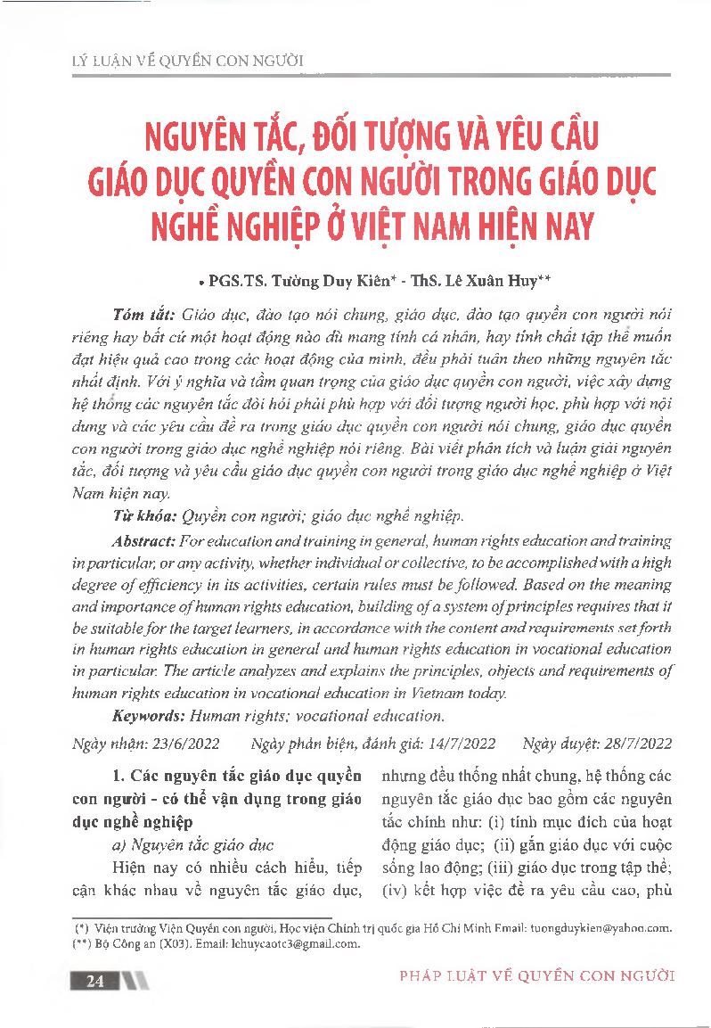 Nguyên tắc, đối tượng và yêu cầu giáo dục quyển con người trong giáo dục nghê nghiệp ở Việt Nam hiện nay = Principles, objects and requirements of human rights education in vocational education in Vietnam today