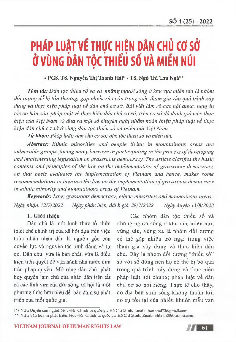 Pháp luật về thực hiện dân chủ cơ sở ở vùng dân tộc thiểu số và miền núi = Law on implementation of grassroots democracy in ethnic minority and mountainous areas