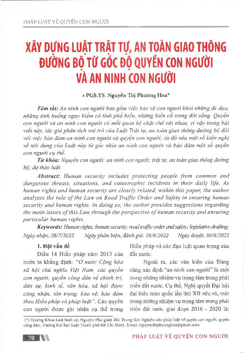 Xây dựng Luật Trật tự, an toàn giao thông đường bộ từ góc độ quyển con người và an ninh con người = Developing a law on road traffic order and safety from the perspective of human rights and human security