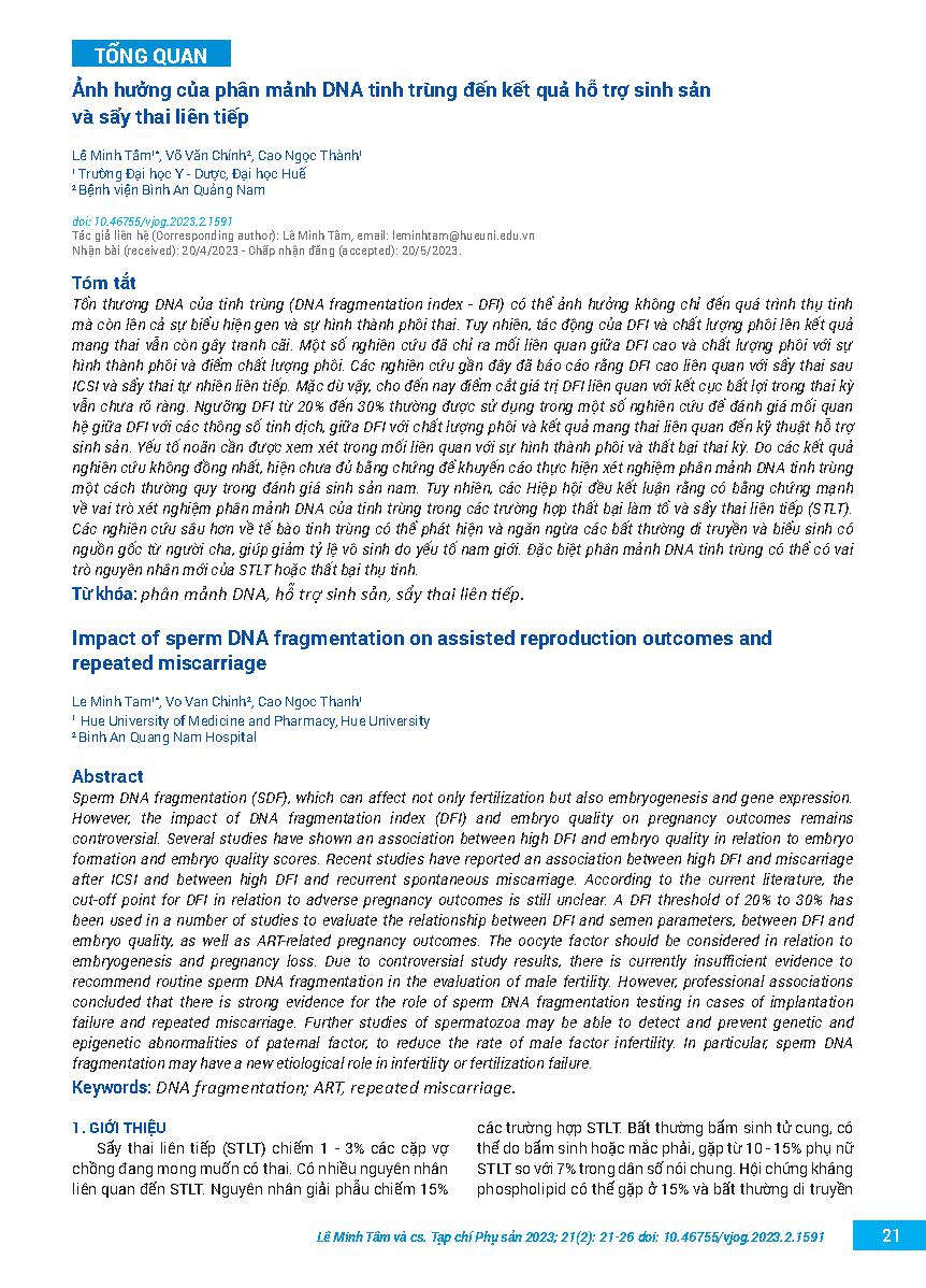 Ảnh hưởng của phân mảnh DNA tinh trùng đến kết quả hỗ trợ sinh sản và sẩy thai liên tiếp = Impact of sperm DNA fragmentation on assisted reproduction outcomes and repeated miscarriage