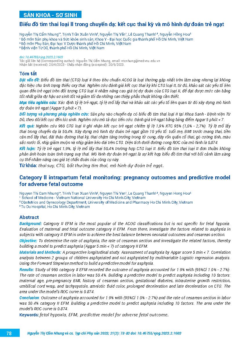 Biểu đồ tim thai loại II trong chuyển dạ: kết cục thai kỳ và mô hình dự đoán trẻ ngạt = Category II intrapartum fetal monitoring: pregnancy outcomes and predictive model for adverse fetal outcome