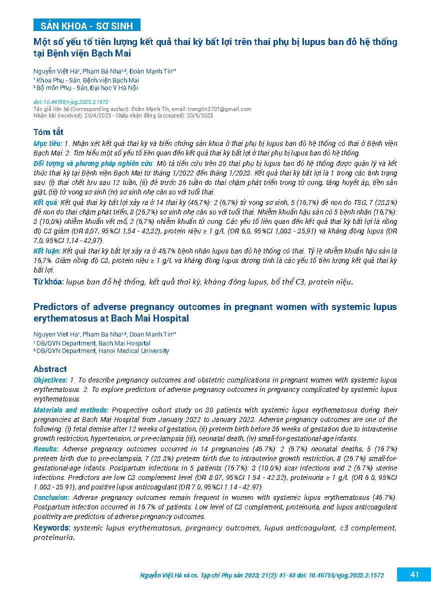 Một số yếu tố tiên lượng kết quả thai kỳ bất lợi trên thai phụ bị lupus ban đỏ hệ thống tại Bệnh viện Bạch Mai = Predictors of adverse pregnancy outcomes in pregnant women with systemic lupus erythematosus at Bach Mai Hospital
