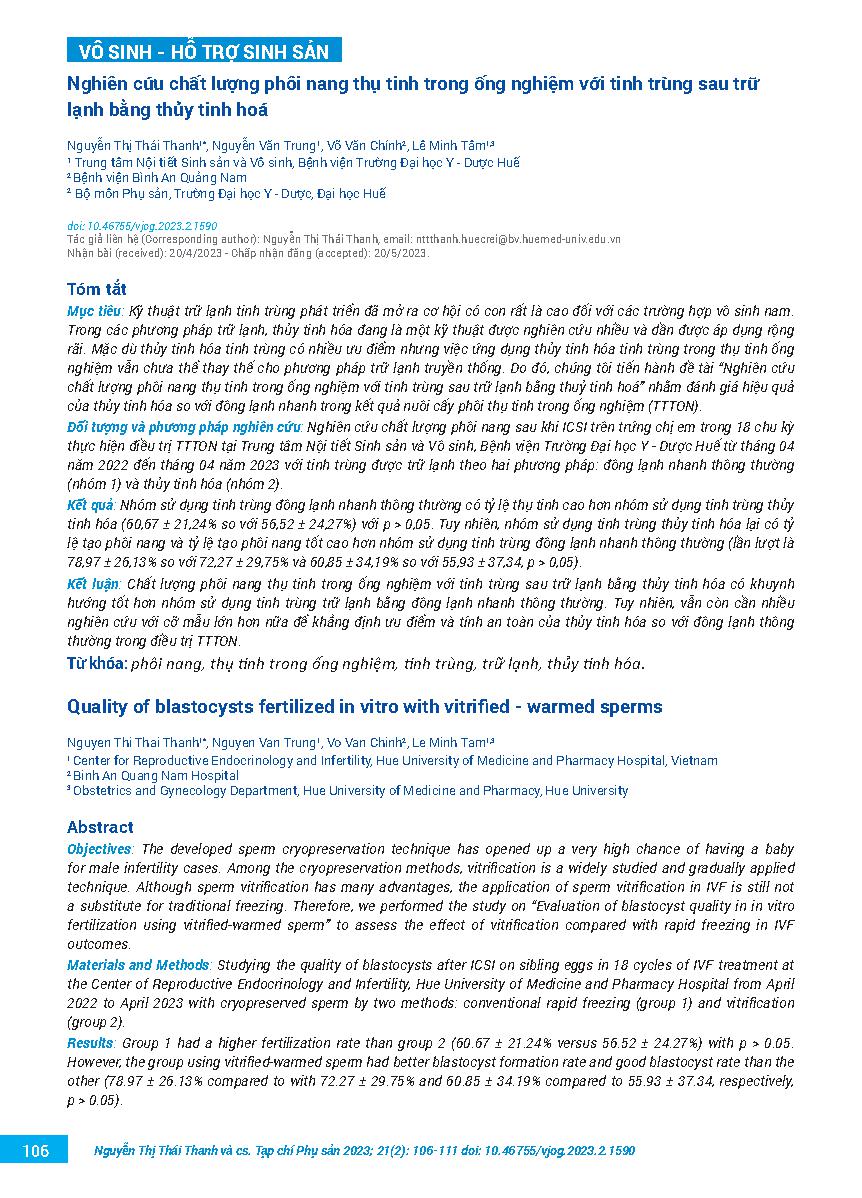 Nghiên cứu chất lượng phôi nang thụ tinh trong ống nghiệm với tinh trùng sau trữ lạnh bằng thủy tinh hoá = Quality of blastocysts fertilized in vitro with vitrified - warmed sperms