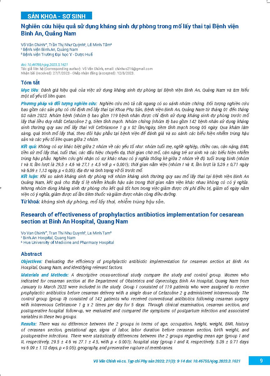 Nghiên cứu hiệu quả sử dụng kháng sinh dự phòng trong mổ lấy thai tại Bệnh viện Bình An, Quảng Nam = Research of effectiveness of prophylactics antibiotics implementation for cesarean section at Binh An Hospital, Quang Nam