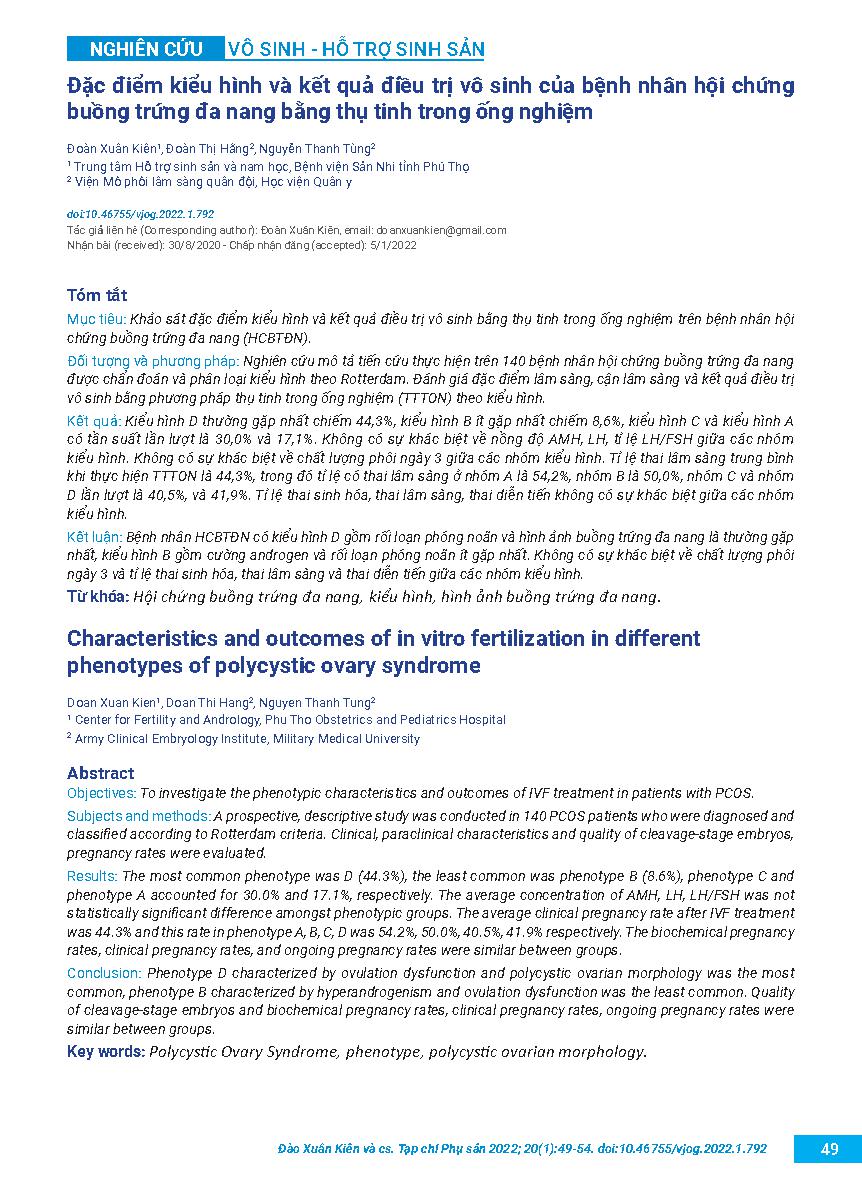 Đặc điểm kiểu hình và kết quả điều trị vô sinh của bệnh nhân hội chứng buồng trứng đa nang bằng thụ tinh trong ống nghiệm = Characteristics and outcomes of in vitro fertilization in different phenotypes of polycystic ovary syndrome