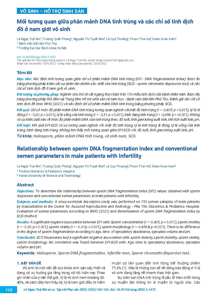 Mối tương quan giữa phân mảnh DNA tinh trùng và các chỉ số tinh dịch đồ ở nam giới vô sinh = Relationship between sperm DNA fragmentation index and conventional semen parameters in male patients with infertility