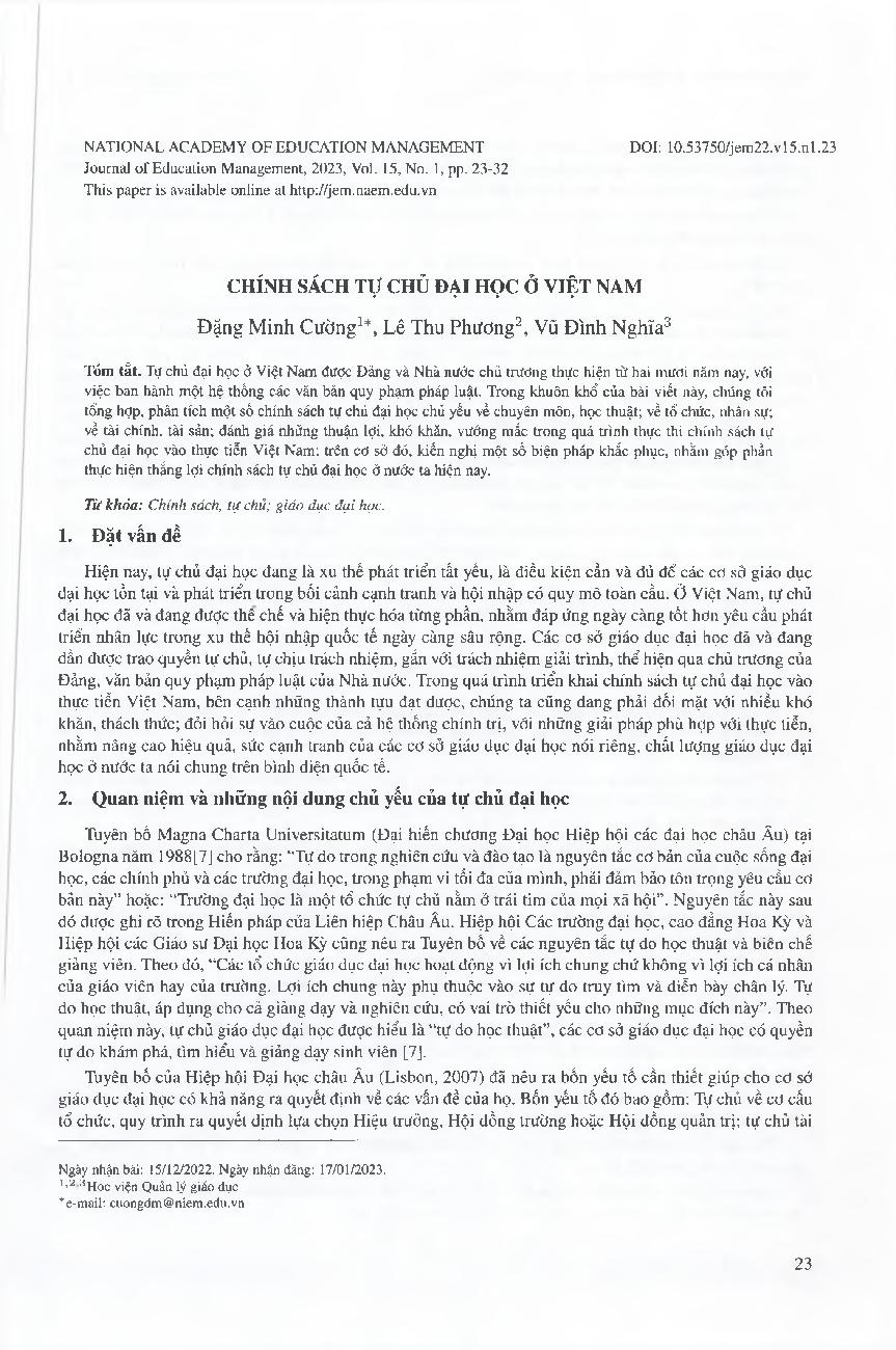 Chính sách tự chủ đại học ở Việt Nam = University Authority Policy in Vietnam