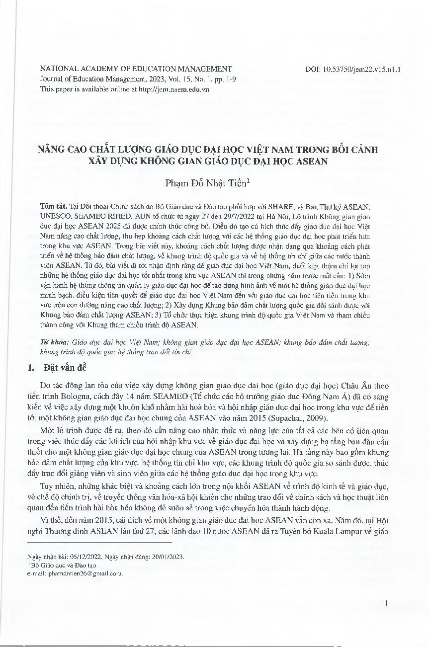 Nâng cao chất lượng giáo dục đại học Việt Nam trong bối cảnh xây dựng không gian giáo dục đại học ASEAN = Improving the quality of Vietnam higher education in the context of building the ASEAN higher education space