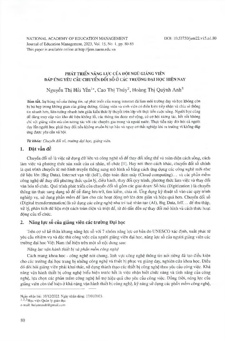 Phát triển năng lực của đội ngũ giảng viên đáp ứng yêu cầu chuyển đổi số ở các trường đại học hiện nay = Improve the quality of teaching staff of educational institutions performing their duties fostering education administrators in the context of digital