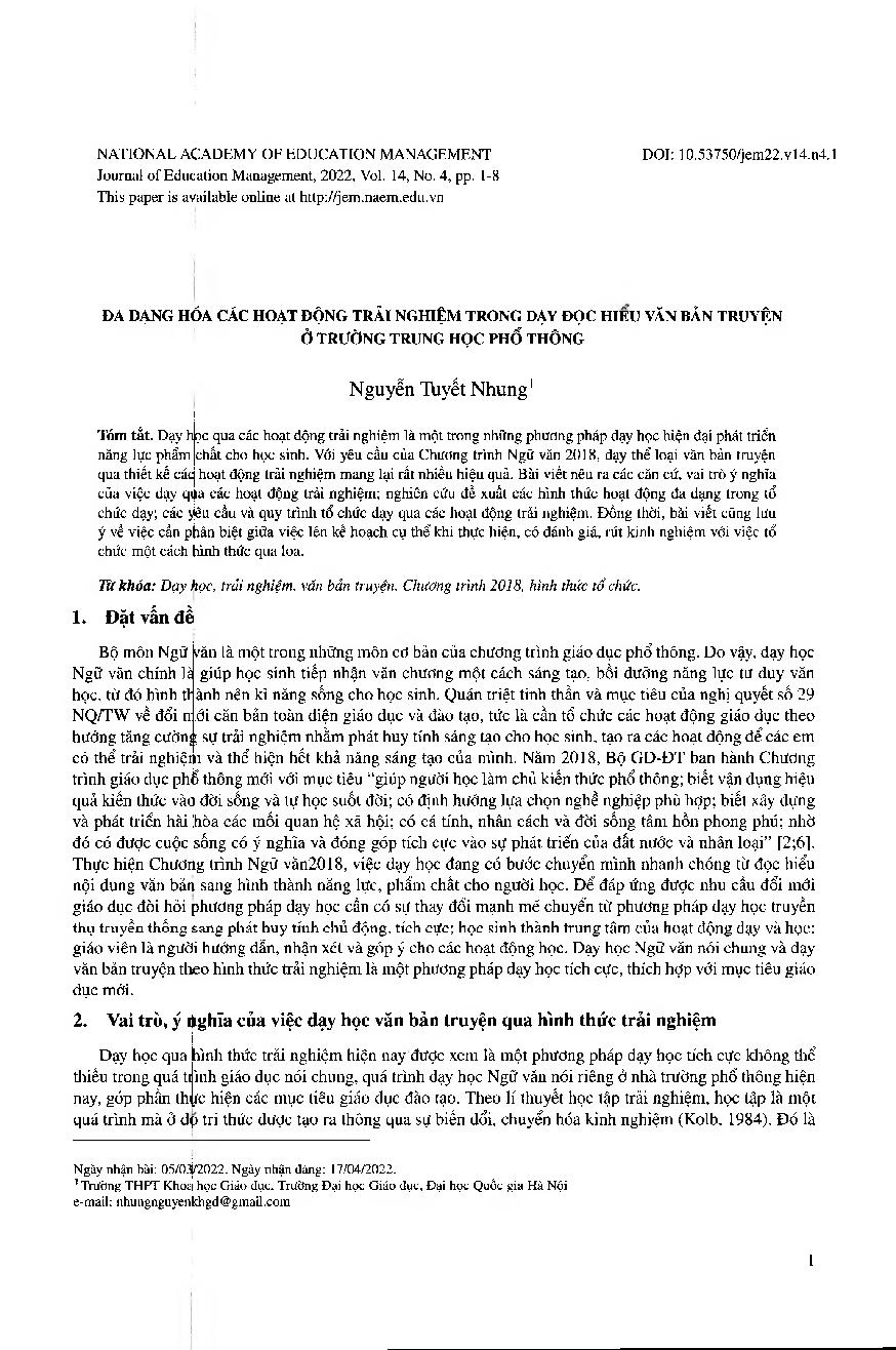 Đa dạng hóa các hoạt động trải nghiệm trong dạy đọc hiểu văn bản truyện ở trường trung học phổ thông = Diversifying experience activities in teaching reading comprehension of stories at high school