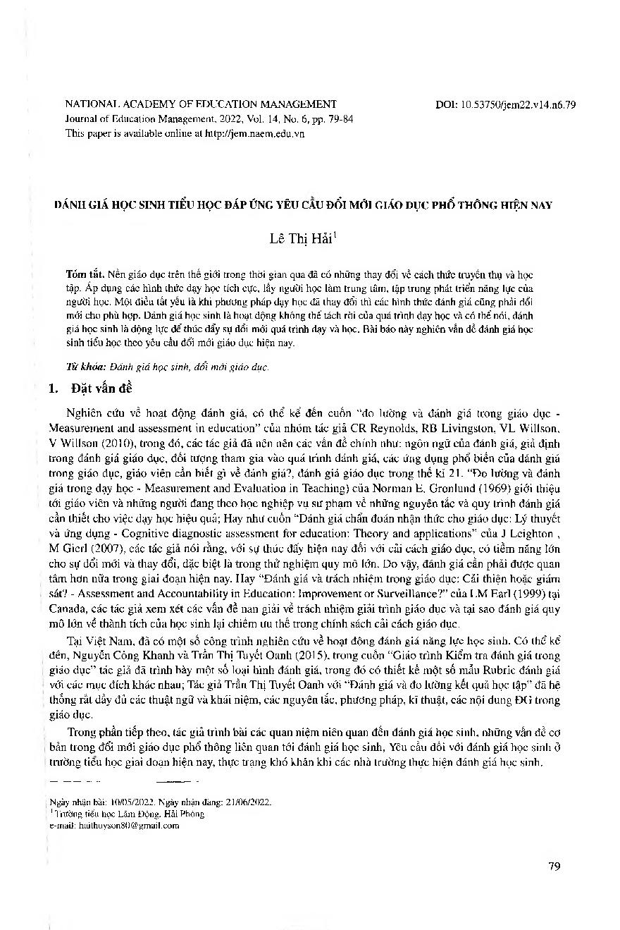 Đánh giá học sinh tiểu học đáp ứng yêu cầu đổi mới giáo dục phổ thông hiện nay = Assessing elementary school students meeting the requirements for innovation of current general education