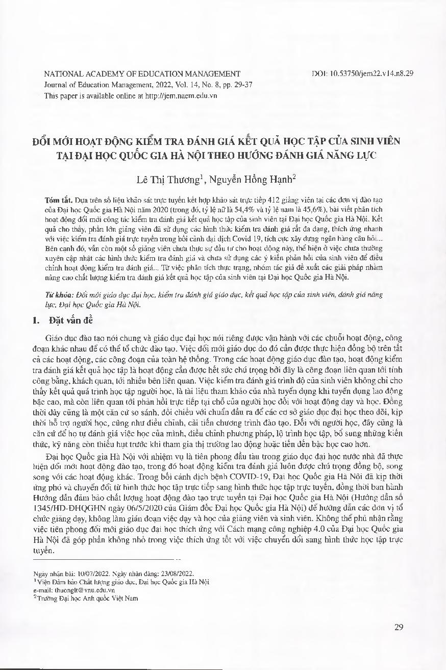 Đổi mới hoạt động kiểm tra đánh giá kết quả học tập của sinh viên tại Đại học Quốc gia Hà Nội theo hướng đánh giá năng lực = Innovation of activities for assessment of students learning results at Hanoi National University in the direction of capacity ass