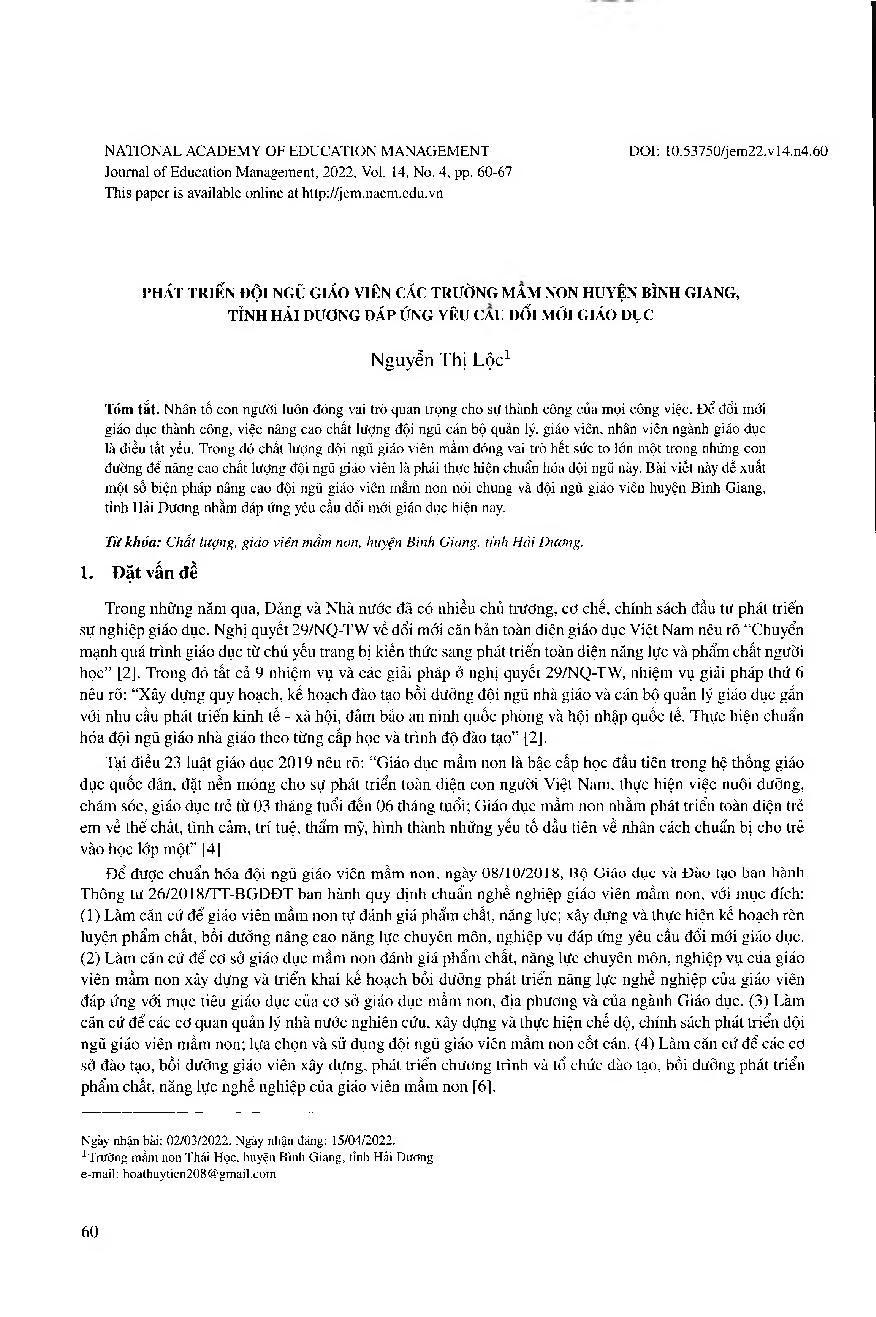 Phát triển đội ngũ giáo viên các trường mầm non huyện bình giang, tỉnh hải dương đáp ứng yêu cầu đổi mới giáo dục = Development of kindergarten teachers in Binh Giang district, Hai Duong province meeting education innovation requiremen