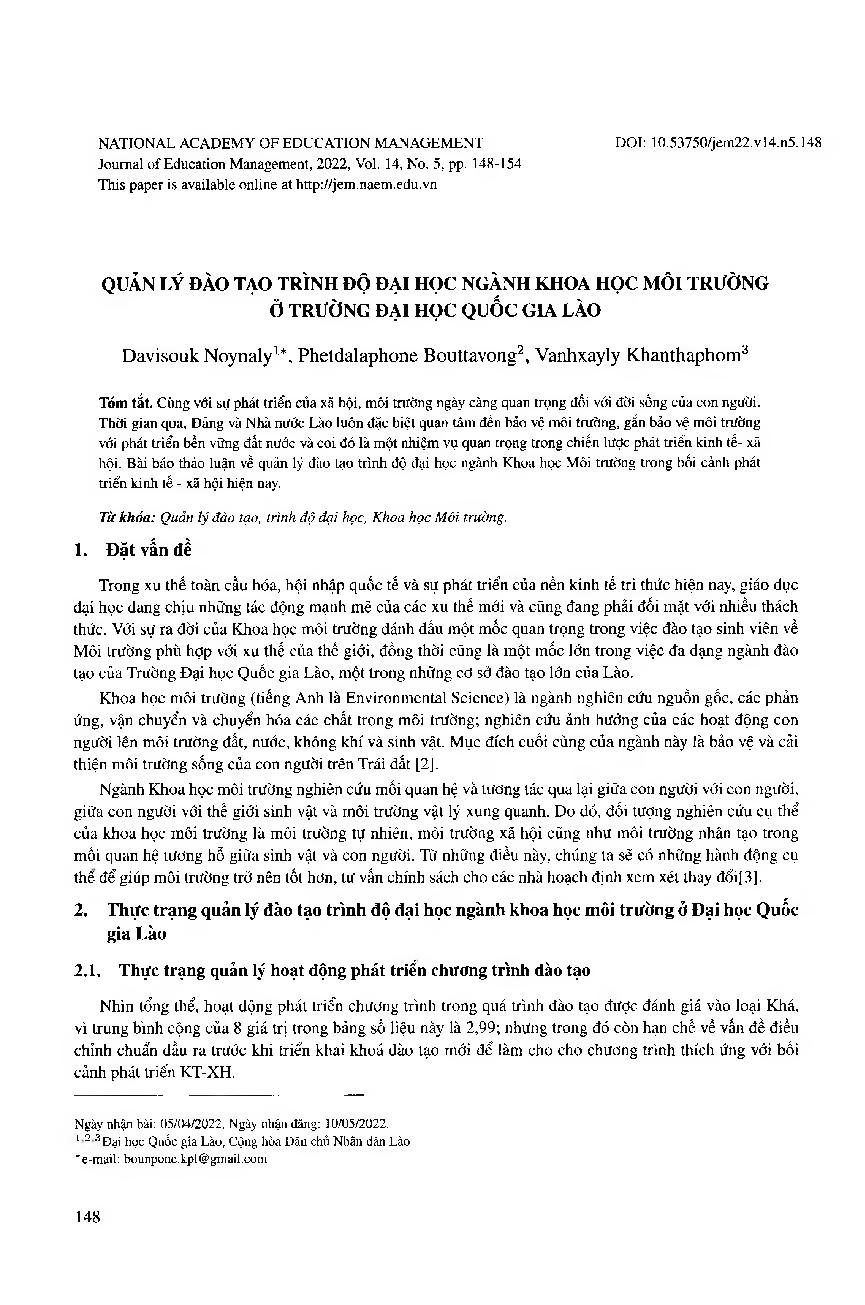 Quản lý đào tạo trình độ đại học ngành khoa học môi trường ở trường đại học quốc gia Lào = Management of undergraduate program of environment science major at Laos National University
